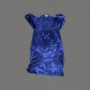 Vintage Ilise Stevens Blue Satin Tuxedo Pleat Nightgown Maxi Dress Sz L